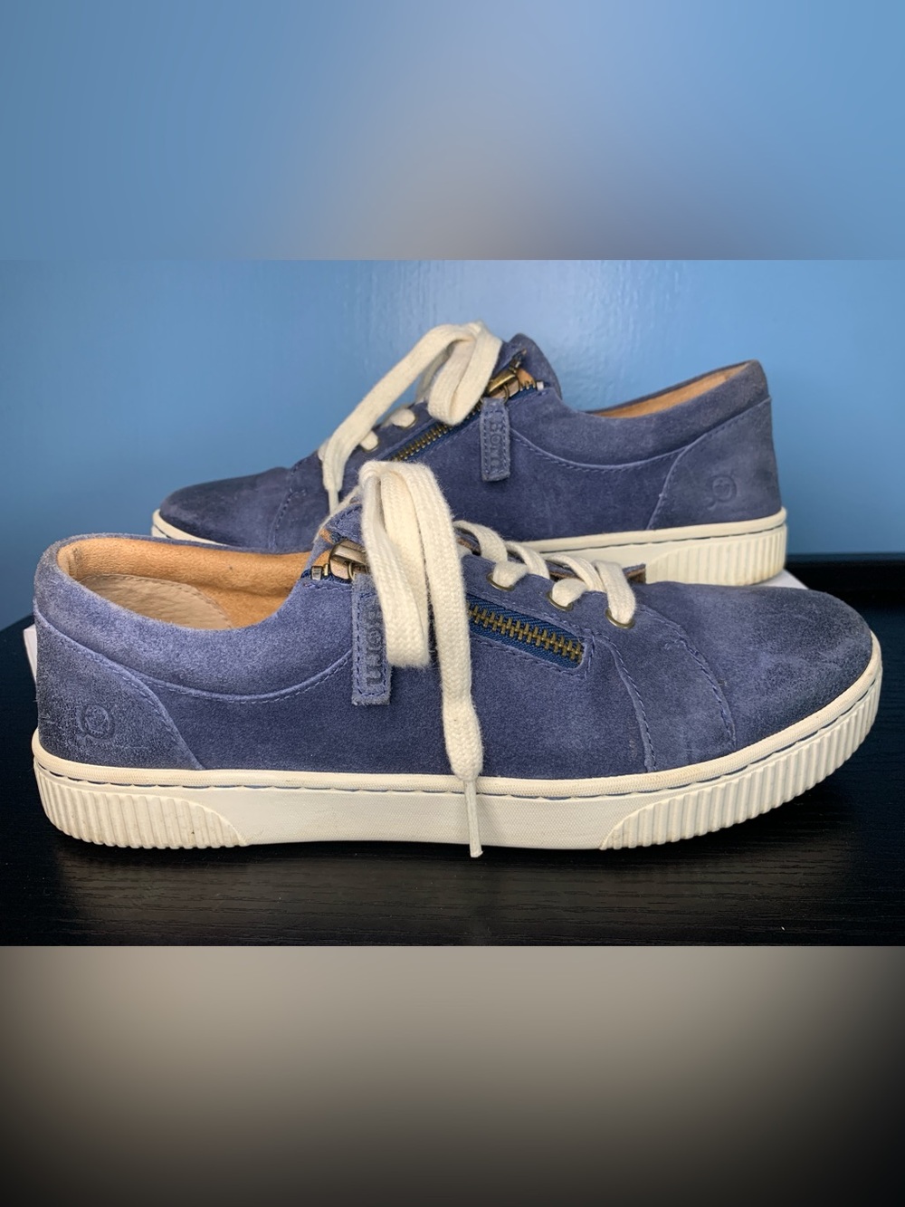 Born Navy Suede Sneakers with Cream Laces